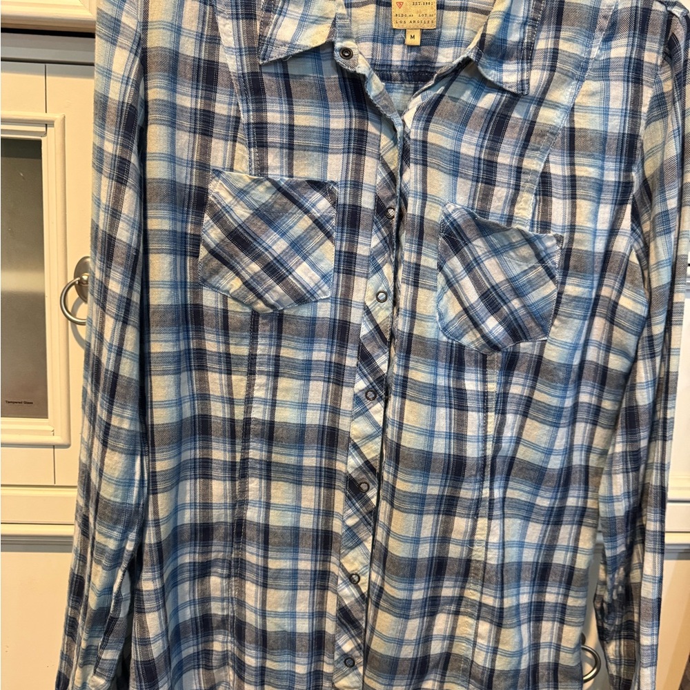 Guess Navy and White Plaid Button-Down Shirt